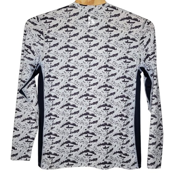 Koofin Large Navy Blue / White Fish Pattern Long Sleeve Men's Fishing T-Shirt - Picture 2 of 5